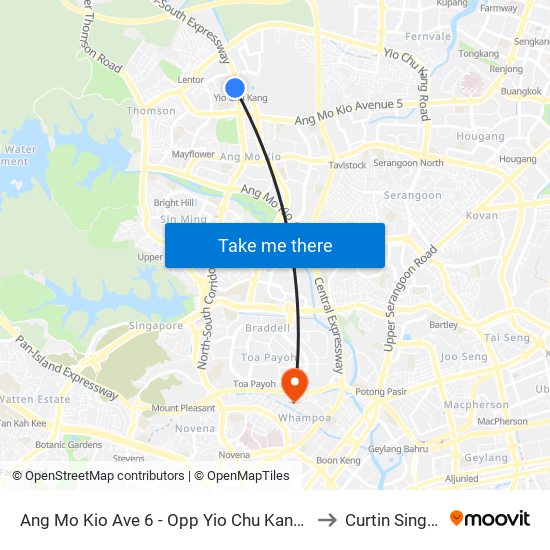 Ang Mo Kio Ave 6 - Opp Yio Chu Kang Stn (55181) to Curtin Singapore map