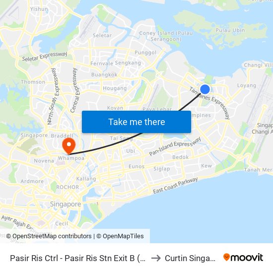 Pasir Ris Ctrl - Pasir Ris Stn Exit B (77039) to Curtin Singapore map