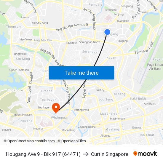 Hougang Ave 9 - Blk 917 (64471) to Curtin Singapore map