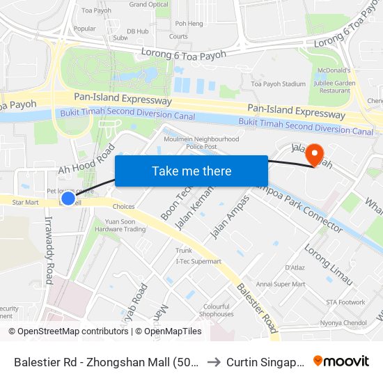 Balestier Rd - Zhongshan Mall (50171) to Curtin Singapore map