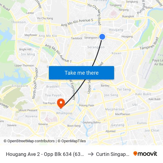 Hougang Ave 2 - Opp Blk 634 (63319) to Curtin Singapore map