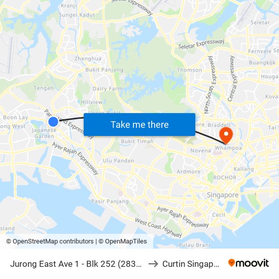Jurong East Ave 1 - Blk 252 (28339) to Curtin Singapore map