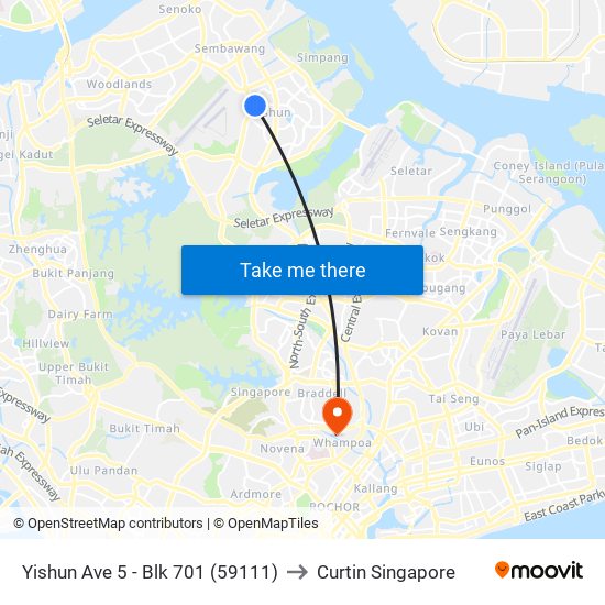 Yishun Ave 5 - Blk 701 (59111) to Curtin Singapore map