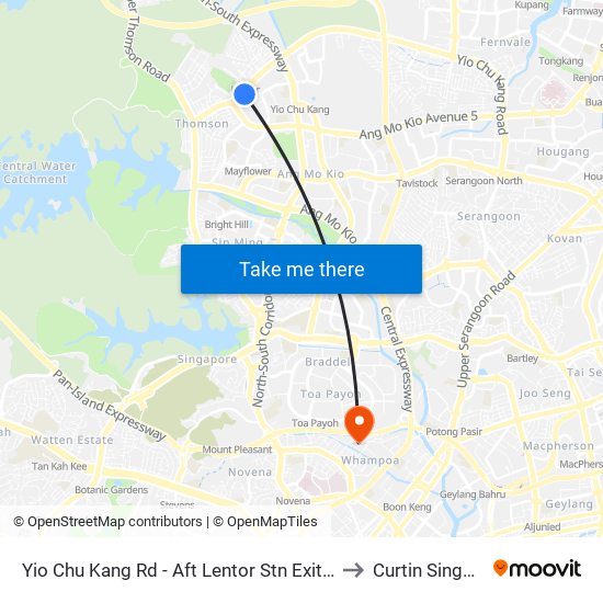 Yio Chu Kang Rd - Aft Lentor Stn Exit 4 (55019) to Curtin Singapore map