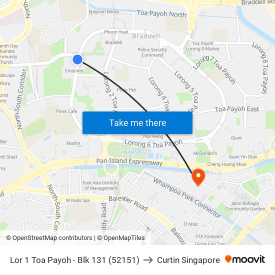 Lor 1 Toa Payoh - Blk 131 (52151) to Curtin Singapore map