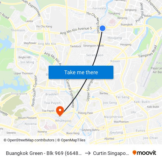 Buangkok Green - Blk 969 (66489) to Curtin Singapore map