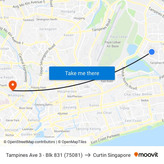 Tampines Ave 3 - Blk 831 (75081) to Curtin Singapore map