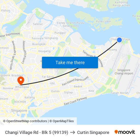 Changi Village Rd - Blk 5 (99139) to Curtin Singapore map