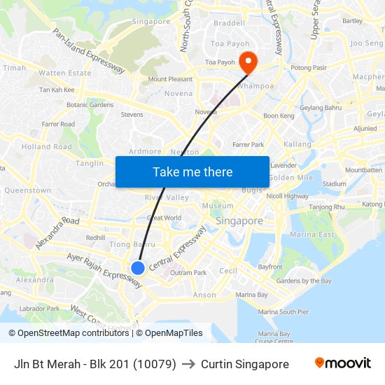 Jln Bt Merah - Blk 201 (10079) to Curtin Singapore map