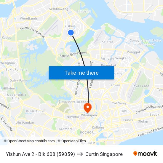 Yishun Ave 2 - Blk 608 (59059) to Curtin Singapore map