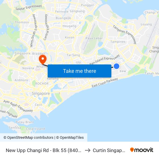 New Upp Changi Rd - Blk 55 (84069) to Curtin Singapore map