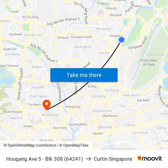 Hougang Ave 5 - Blk 308 (64241) to Curtin Singapore map