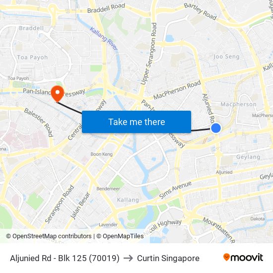 Aljunied Rd - Blk 125 (70019) to Curtin Singapore map