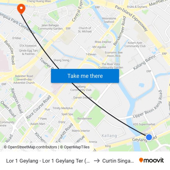 Lor 1 Geylang - Lor 1 Geylang Ter (80009) to Curtin Singapore map