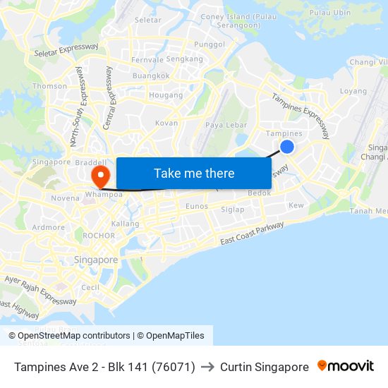 Tampines Ave 2 - Blk 141 (76071) to Curtin Singapore map