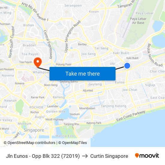 Jln Eunos - Opp Blk 322 (72019) to Curtin Singapore map