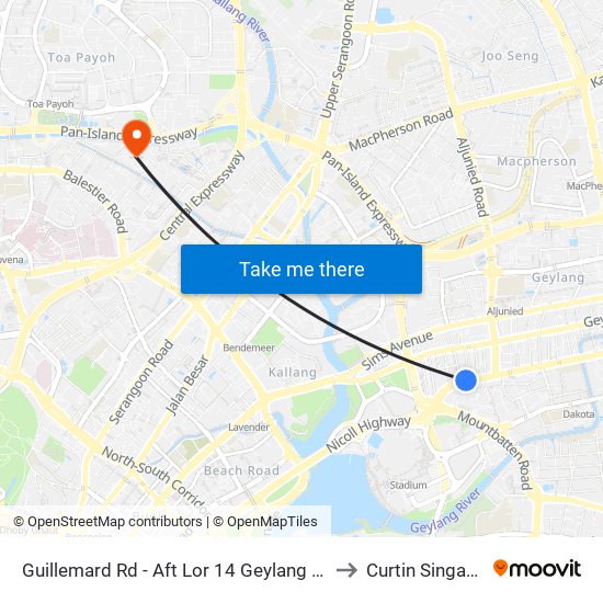 Guillemard Rd - Aft Lor 14 Geylang (80251) to Curtin Singapore map