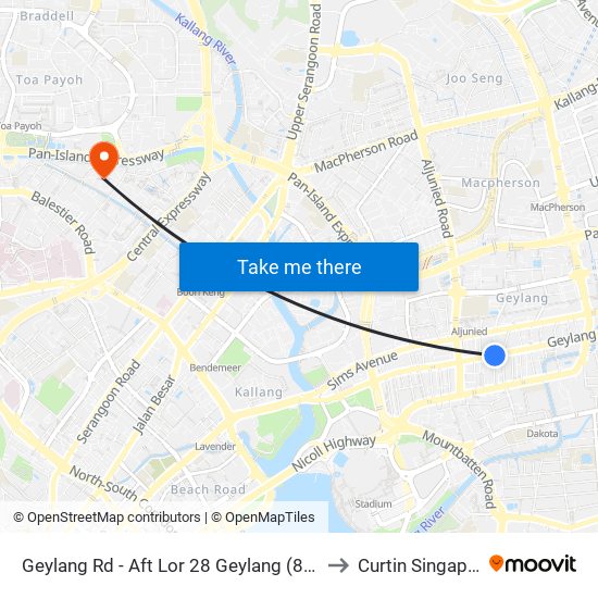 Geylang Rd - Aft Lor 28 Geylang (81029) to Curtin Singapore map