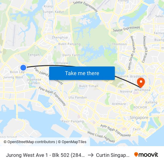 Jurong West Ave 1 - Blk 502 (28401) to Curtin Singapore map