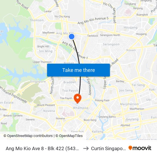 Ang Mo Kio Ave 8 - Blk 422 (54339) to Curtin Singapore map