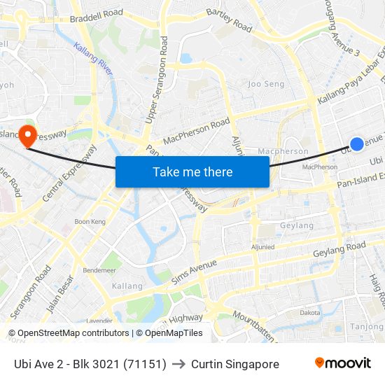 Ubi Ave 2 - Blk 3021 (71151) to Curtin Singapore map