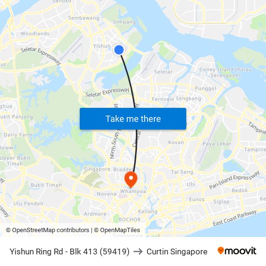 Yishun Ring Rd - Blk 413 (59419) to Curtin Singapore map