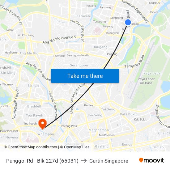 Punggol Rd - Blk 227d (65031) to Curtin Singapore map