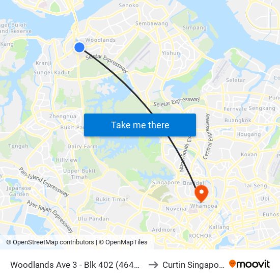 Woodlands Ave 3 - Blk 402 (46491) to Curtin Singapore map