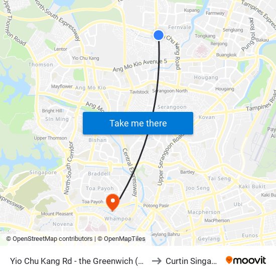 Yio Chu Kang Rd - the Greenwich (67049) to Curtin Singapore map