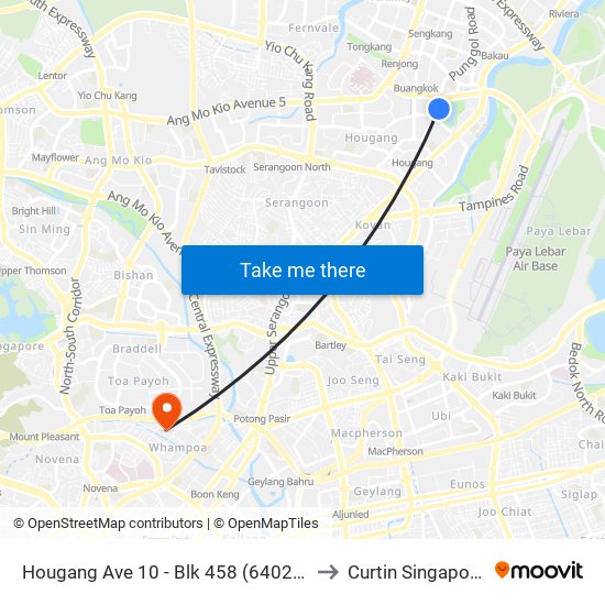 Hougang Ave 10 - Blk 458 (64021) to Curtin Singapore map