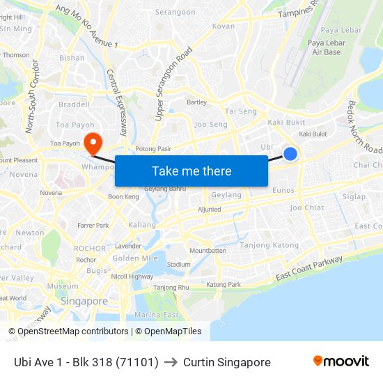 Ubi Ave 1 - Blk 318 (71101) to Curtin Singapore map