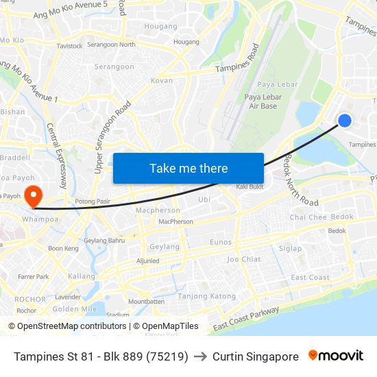 Tampines St 81 - Blk 889 (75219) to Curtin Singapore map