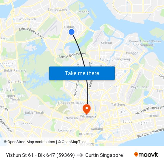 Yishun St 61 - Blk 647 (59369) to Curtin Singapore map