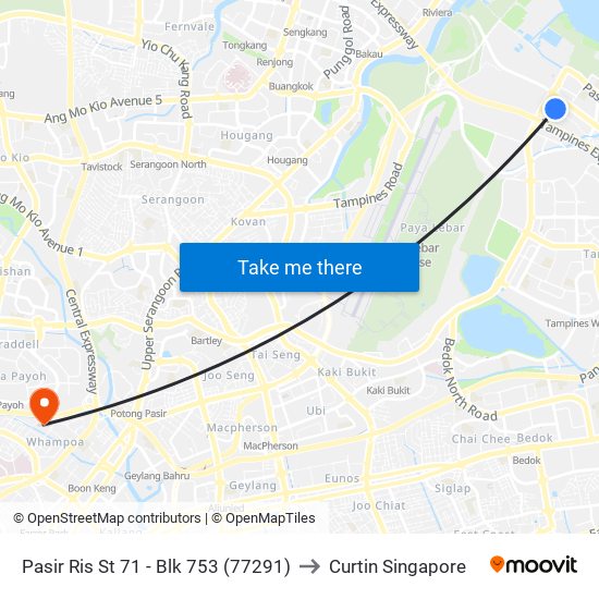 Pasir Ris St 71 - Blk 753 (77291) to Curtin Singapore map