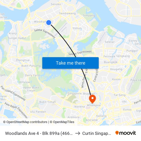 Woodlands Ave 4 - Blk 899a (46681) to Curtin Singapore map