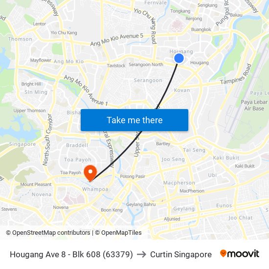 Hougang Ave 8 - Blk 608 (63379) to Curtin Singapore map