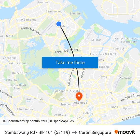 Sembawang Rd - Blk 101 (57119) to Curtin Singapore map