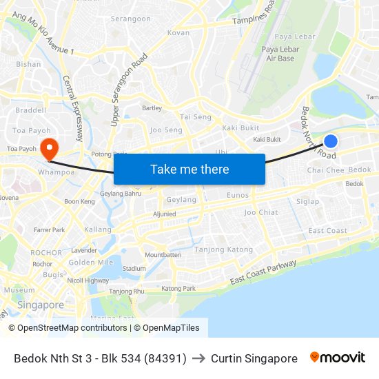 Bedok Nth St 3 - Blk 534 (84391) to Curtin Singapore map