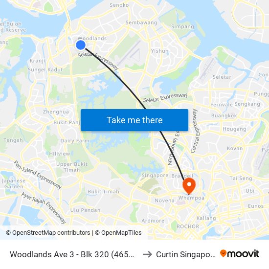 Woodlands Ave 3 - Blk 320 (46539) to Curtin Singapore map