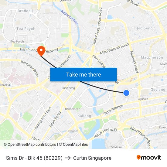 Sims Dr - Blk 45 (80229) to Curtin Singapore map