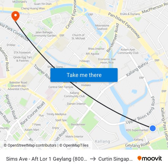 Sims Ave - Aft Lor 1 Geylang (80051) to Curtin Singapore map