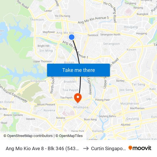 Ang Mo Kio Ave 8 - Blk 346 (54331) to Curtin Singapore map