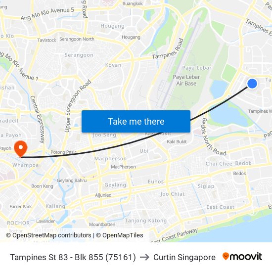 Tampines St 83 - Blk 855 (75161) to Curtin Singapore map