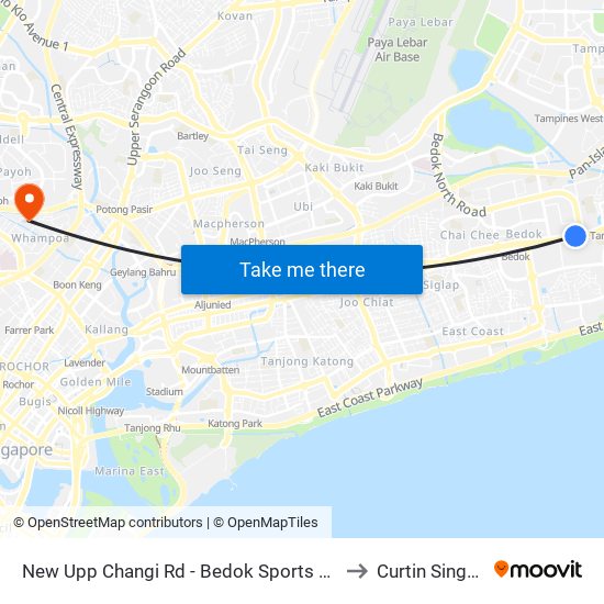 New Upp Changi Rd - Bedok Sports Cplx (84051) to Curtin Singapore map