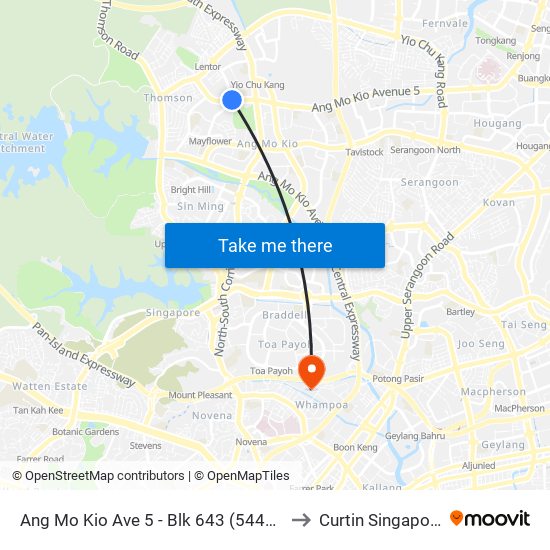 Ang Mo Kio Ave 5 - Blk 643 (54451) to Curtin Singapore map