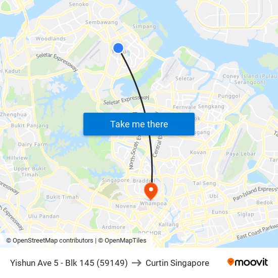 Yishun Ave 5 - Blk 145 (59149) to Curtin Singapore map