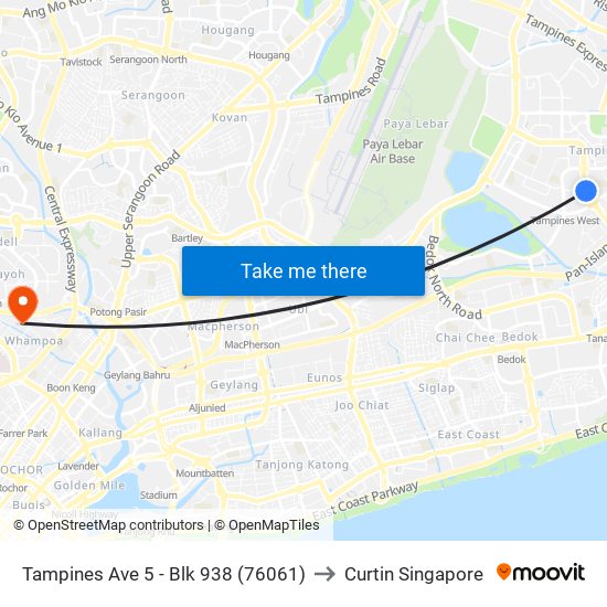 Tampines Ave 5 - Blk 938 (76061) to Curtin Singapore map