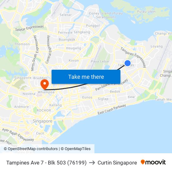 Tampines Ave 7 - Blk 503 (76199) to Curtin Singapore map