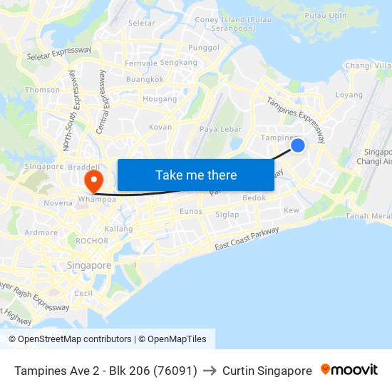 Tampines Ave 2 - Blk 206 (76091) to Curtin Singapore map