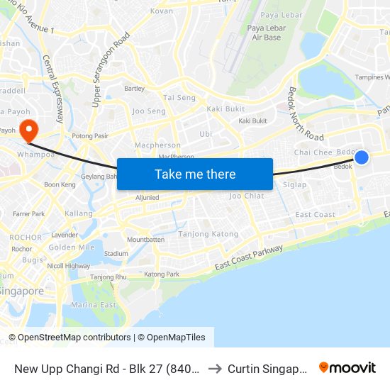 New Upp Changi Rd - Blk 27 (84049) to Curtin Singapore map